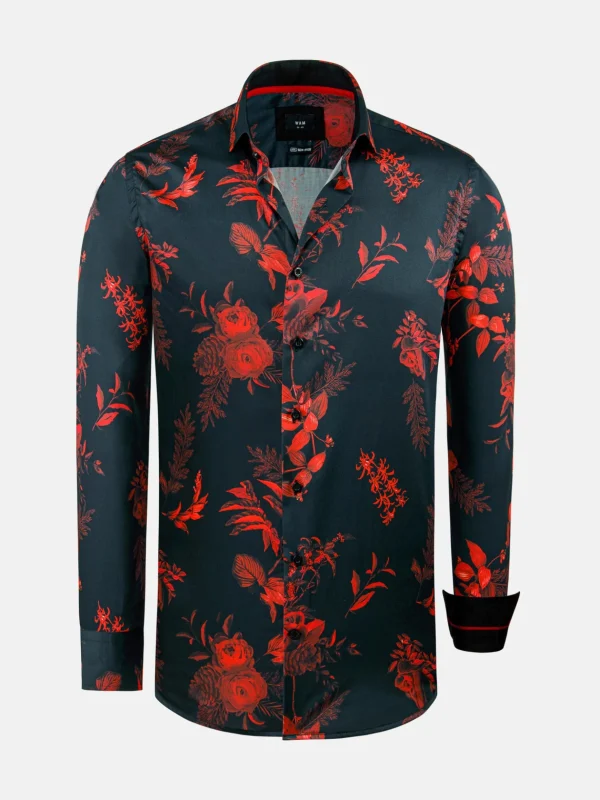 WAM DENIM Overhemd Lange Mouwen*Florence Red Floral Black Overhemd Lange Mouw