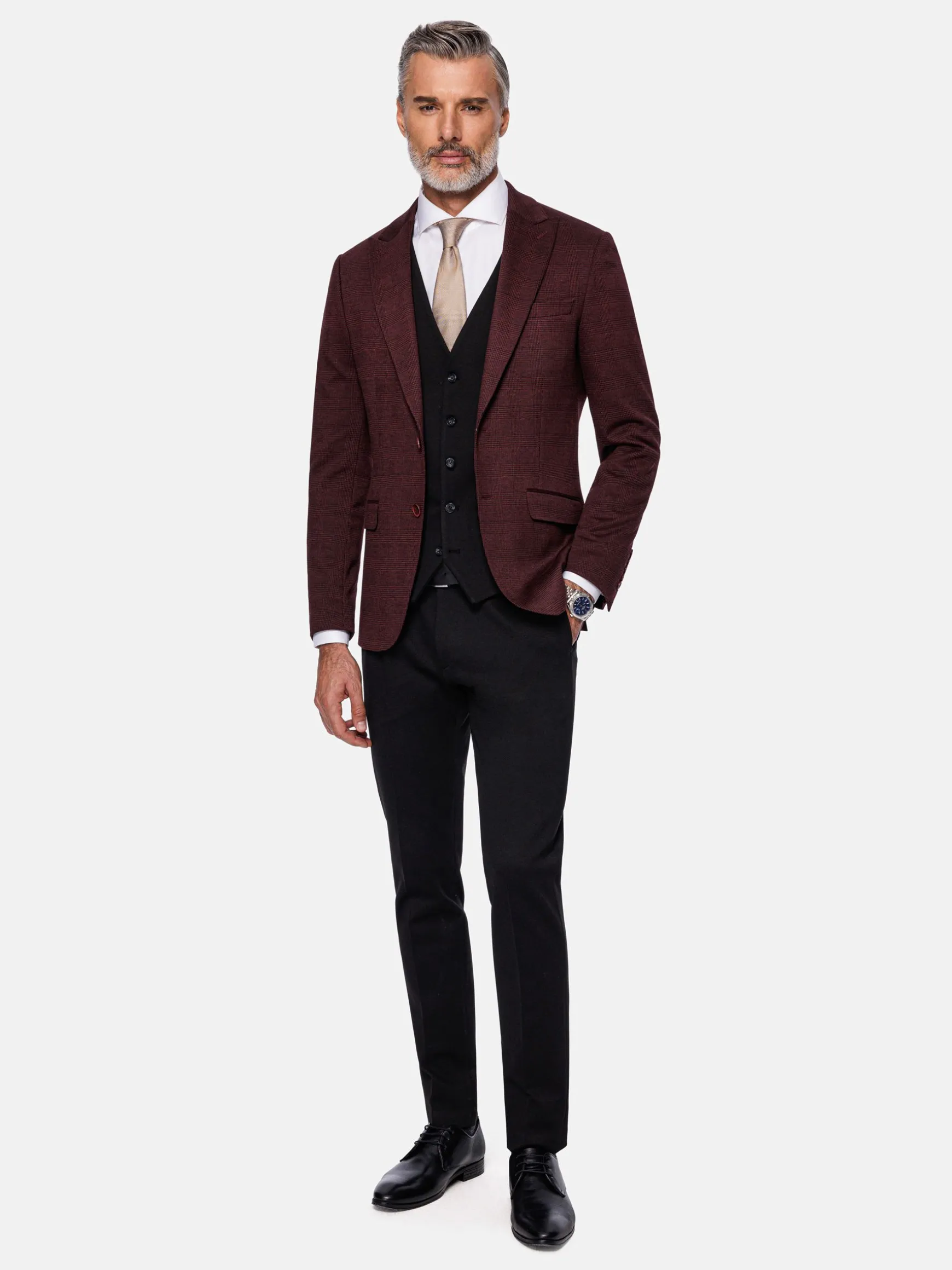 WAM DENIM Pakken & Maatwerk*Red Wood Wide Lapel Dark Red Black Suit Colbert