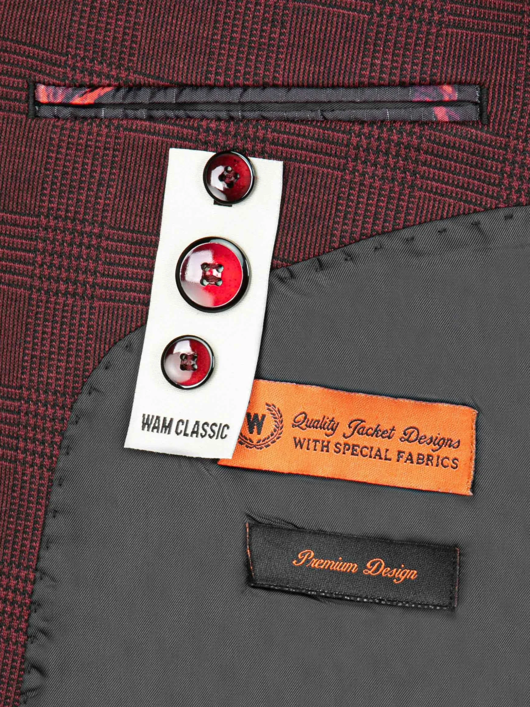 WAM DENIM Pakken & Maatwerk*Red Wood Wide Lapel Dark Red Black Suit Colbert