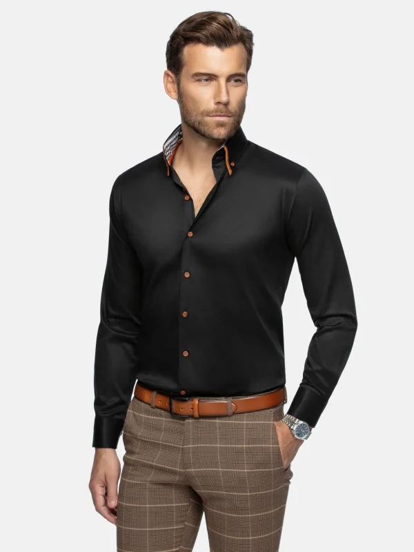 WAM DENIM Overhemd Lange Mouwen*Romney Solid Black Overhemd Lange Mouw