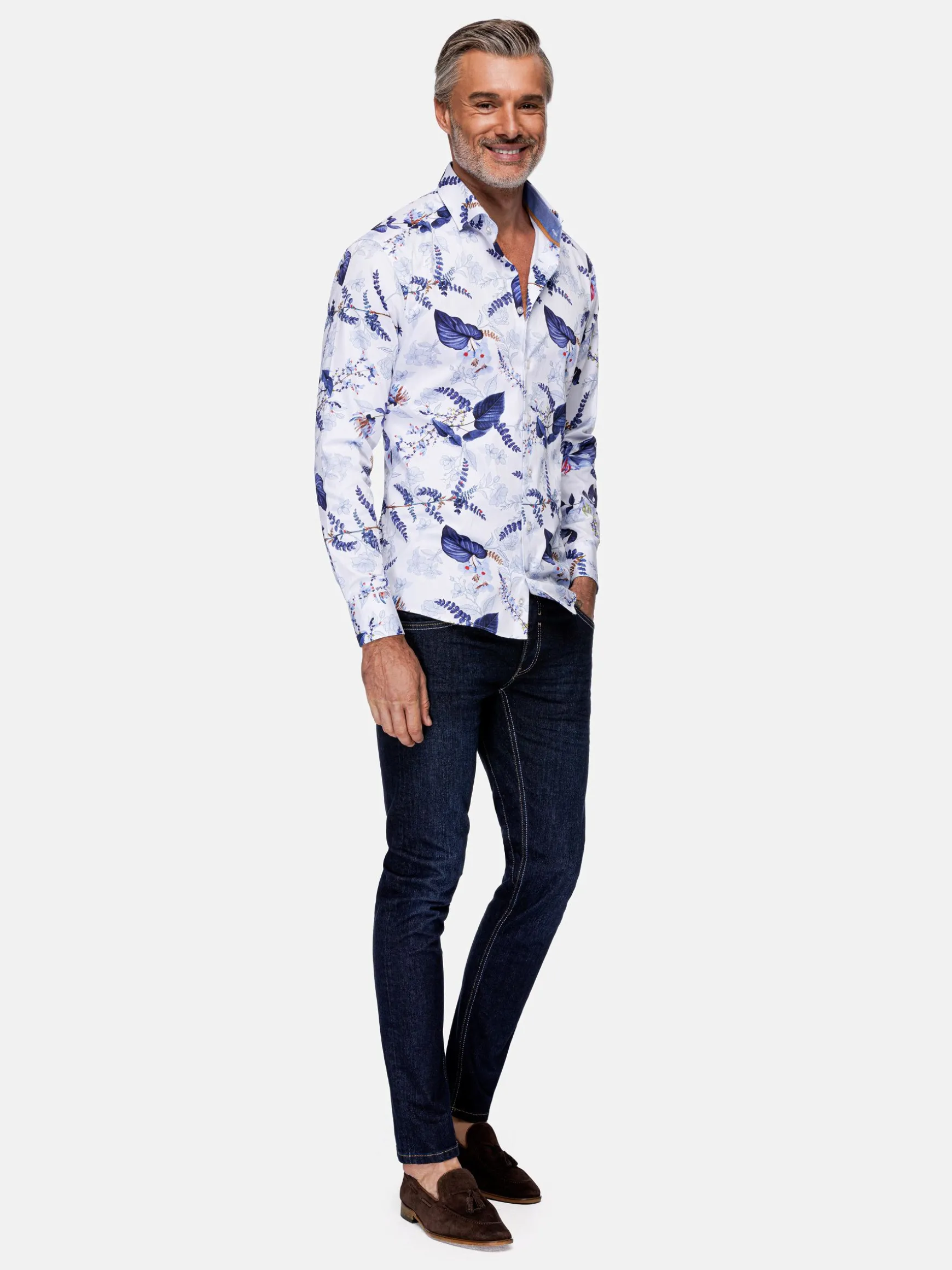 WAM DENIM Overhemd Lange Mouwen*Sullivan White Floral Print Overhemd Lange Mouw